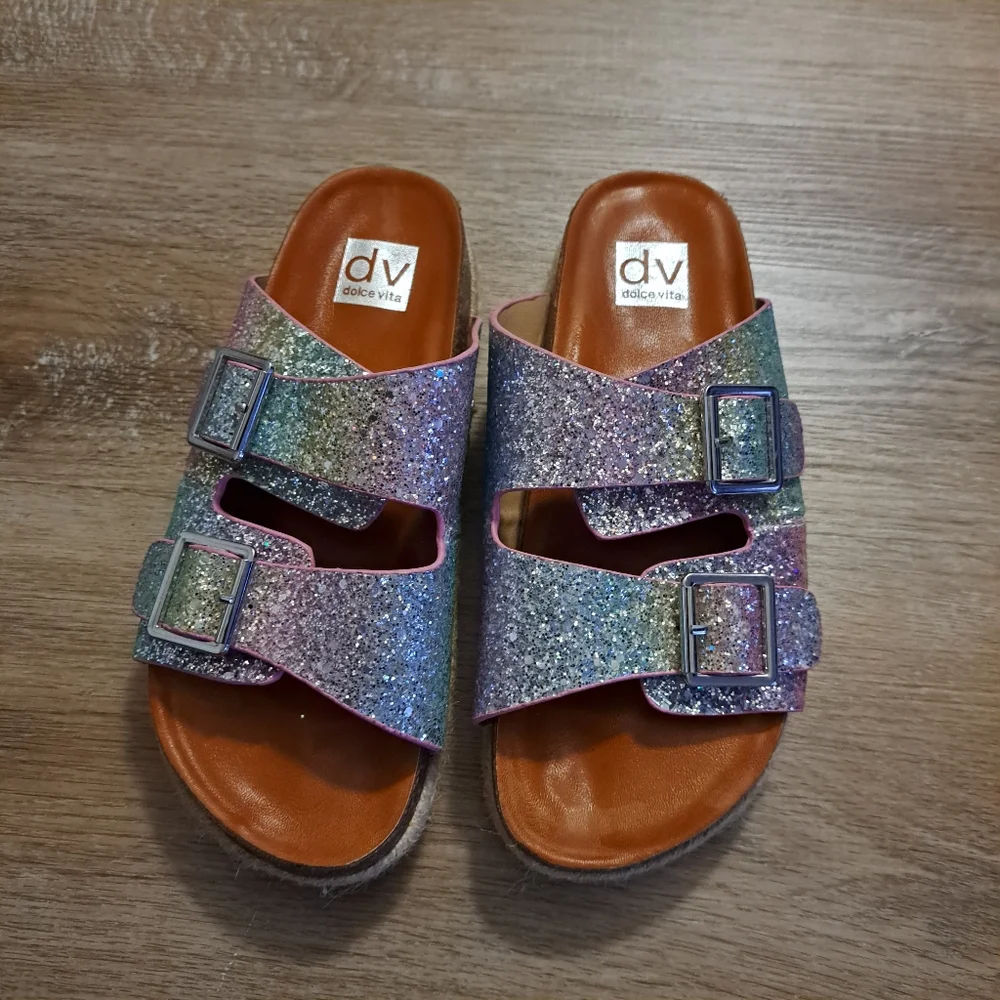 Dolce Vita Cillean Double Strap Glitter Slide Sandals Big Girl's 4